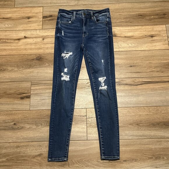 American Eagle Super High Rise Jegging Jeans SZ 6 Blue Denim Stretch Distressed - Picture 1 of 14